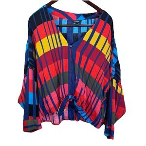Express Long Sleeve Blouse Bright Color Block Tied in front Size Med Button Down
